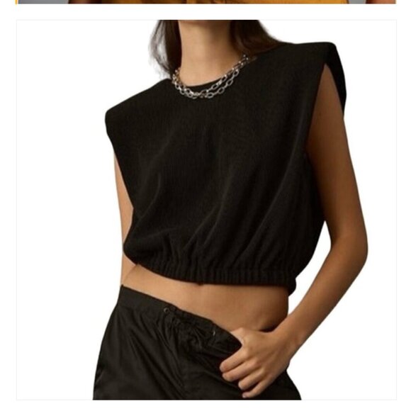 Anthropologie Maeve Top Black Ribbed Muscle Blouse Shoulder Pads Size 1X - Picture 2 of 3
